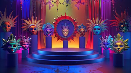 Colorful masquerade masks displayed on a stage, showcasing vibrant designs and artistic expressions in a festive setting.