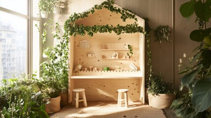 Canvas Print - A wooden playhouse with a shelf and two stools in a room filled with potted plants.