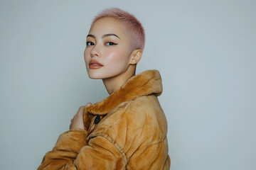 Sticker - Young and very modern model with very short pink hair, wearing a modern leather jacket in a studio