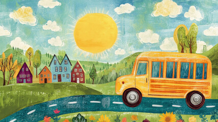 First Day of School card with school bus scene Cartoon style