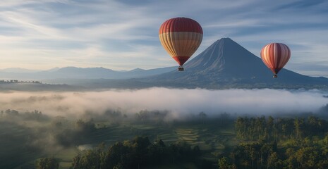 Photo of two hot air balloons flying over Mount Flora, an Indonesian volcano landscape with foggy mountains in the background Generative AI