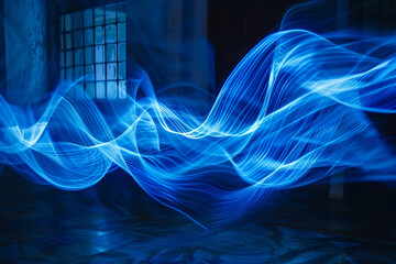 Poster - A blue wave of light is projected onto a wall