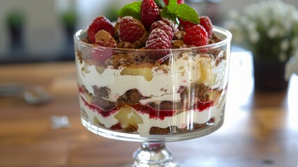 Wall Mural - Close-up of a dessert trifle with raspberries, whipped cream and a crumble topping.