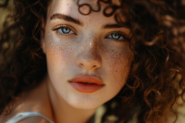 Wall Mural - A woman with curly hair and blue eyes is smiling at the camera