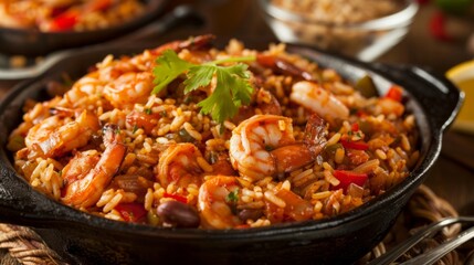 Sticker - Close-up of a dish of shrimp and rice with vegetables.