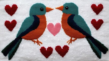 Whimsical cross-stitch of two lovebirds with intertwined tails, surrounded by playful heart shapes, cross-stitch couple bird, fun and lively