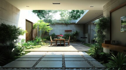 Poster - Modern patio with a stone path and greenery.