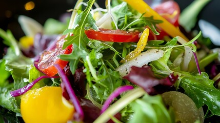 Canvas Print - Close-up of a fresh salad with tomatoes, yellow peppers, and greens.