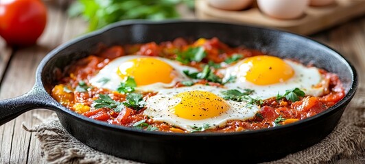 Wall Mural - Delicious breakfast Shakshuka with sunny side eggs in a cast iron skillet. 