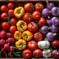 Wall Mural - Colorful Vegetables in a Wooden Crate