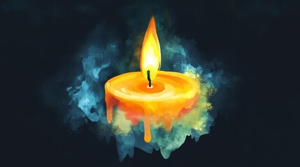 A vibrant, glowing candle melting against a dark, smoky background, emitting warmth and light in a mystical, enchanting scene.