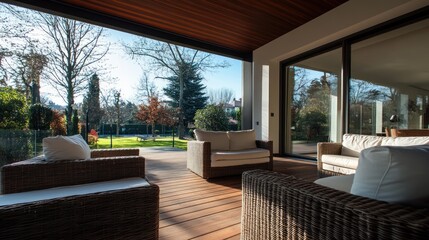 Wall Mural - Modern patio furniture with wicker chairs and a view of the garden through a large window.