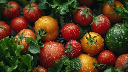 Wall Mural - Fresh Tomatoes, Yellow Cherry Tomatoes and Green Zucchini with Water Drops