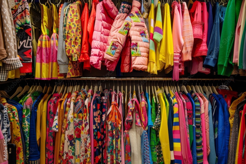 A closet filled with an assortment of bright, colorful clothes, neatly ...