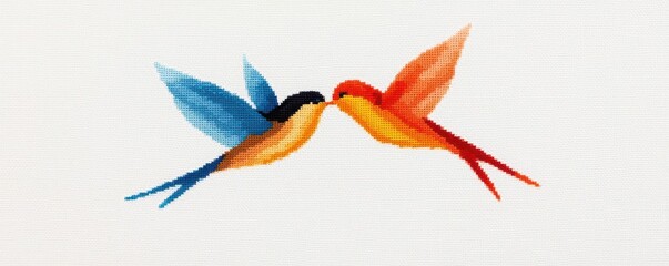 Delicate cross-stitch of two lovebirds flying together in the sky, symbolizing freedom and love, cross-stitch couple bird, love in flight