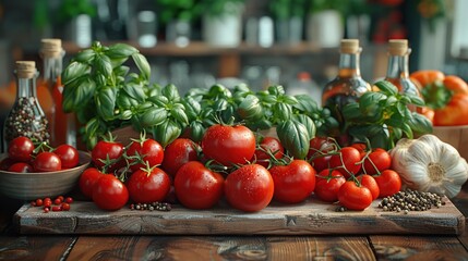 Wall Mural - Fresh Tomatoes, Basil, and Garlic on Wooden Cutting Board