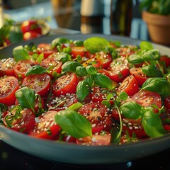 Wall Mural - Close-up of a Bowl of Fresh Tomato Salad with Basil