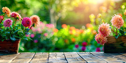 Wall Mural - Empty wooden table on the background of flowers