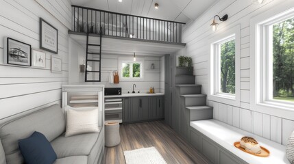 Canvas Print - Small house interior with a loft, white walls, grey kitchen cabinets and a grey couch with pillows.  The floor is a hardwood.  A window looks out to a forest.