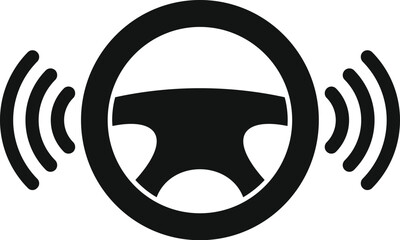 Poster - black icon of a steering wheel transmitting signals, representing driver assistance technology and a
