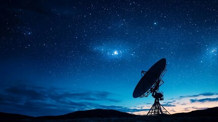 A satellite dish array in a remote desert, capturing signals from distant satellites, under a starry night sky