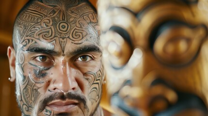 Poster - Close-up of a man with intricate facial tattoos, partially obscured by a blurred background.