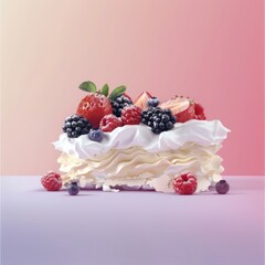 Wall Mural - Close-up of a meringue dessert topped with fresh strawberries, raspberries, and blueberries.