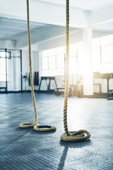 Poster - Ropes, empty and fitness in gym, workout and challenge with wellness, sports and endurance. Health, facility center or exercise with training, climbing or cardio with competition, active or equipment