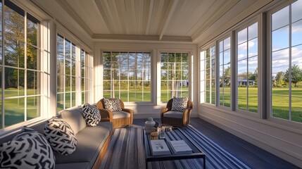 Canvas Print - Sunlit living room with large windows and comfortable furniture.