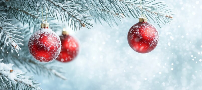 christmas and new year holidays concept. Red balls on fir branches, winter snowy backdrop. festive winter season background. 