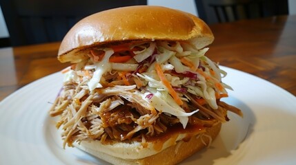 Sticker - Closeup of a pulled pork sandwich with coleslaw on a white plate.