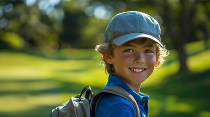 A schoolboy with a backpack on the street goes to school. Back to school. Happy boy with a backpack.