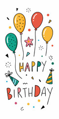  A cheerful and colorful illustration of a happy birthday greeting, featuring balloons, confetti, and party hats.  Perfect for adding a festive touch to your birthday cards, invitations.