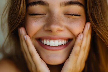 Wall Mural - A woman with a big smile on her face. She has a lot of teeth and her eyes are closed