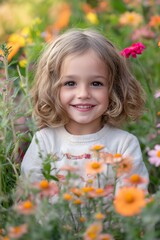 Sticker - A young girl is sitting in a field of flowers, smiling and looking at the camera. The scene is bright and cheerful, with the flowers providing a colorful backdrop for the girl's happy expression