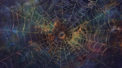 Poster - Close-up of a spiderweb with a colorful background.