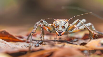 Close-up of a spiny beetle with an ant in the foreground.