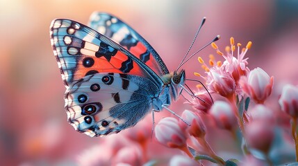 Vibrant Butterfly Embracing a Blooming Flower, a striking display of nature's beauty, showcasing intricate wing patterns and vivid colors against a lush floral backdrop.