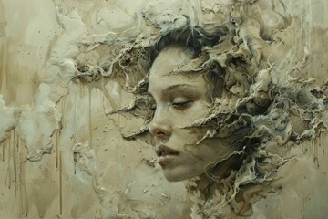 Poster - A surreal painting depicting a woman whose hair transforms into flowing water, symbolizing fluidity and emotion, Formulate an artwork that seems to be impossible to replicate. AI generated