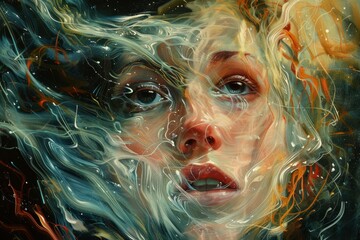 Poster - A painting depicting a woman with water cascading over her face, capturing a moment of serenity and reflection, Formulate an artwork that seems to be impossible to replicate. AI generated