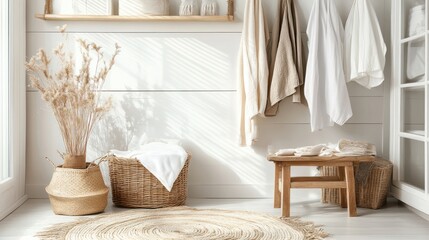 Poster - Minimalist and stylish living room interior with a wooden shelf, wicker baskets, a stool, and a round rug.