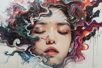 Poster - A serene painting depicting a woman with her eyes closed, embodying tranquility and introspection in soft colors, Formulate an artwork that seems to be impossible to replicate. AI generated