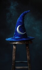 Wall Mural - A dark blue wizard hat, silver crescent moon