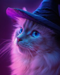 Wall Mural - A fluffy white cat with bright blue eyes, wearing a neat witch hat