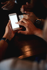 Poster - Hands, phone screen and person at counter of mockup at night, waiting for date or from above. Dating app, social media and text message with customer at bar for communication, hospitality or service