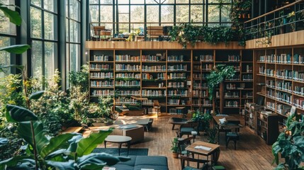 Wall Mural - A modern library with wooden shelves filled with books and surrounded by lush greenery and large windows.