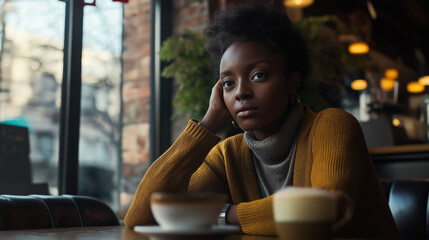 A thoughtful African-American woman sits in a cozy cafe with warm lighting and a relaxed atmosphere, conveying introspection and calmness.