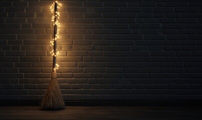 Wall Mural - A minimalist witch's broom adorned with warm glowing garlands, against a simple brick wall