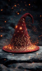 Wall Mural - A red wizard hat, with golden patterns, placed on a stone surface