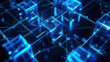 neon blue cubes forming a virtual blockchain network glowing data streams connect the cubes creating a futuristic technological landscape against a dark background